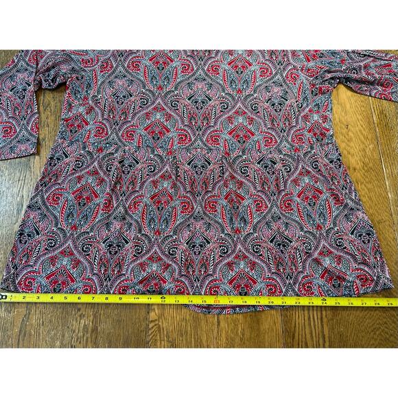 J Jill Wearever Collection Paisley Print Long Sleeve Peplum Top Red Black Sz 2X - Picture 6 of 10
